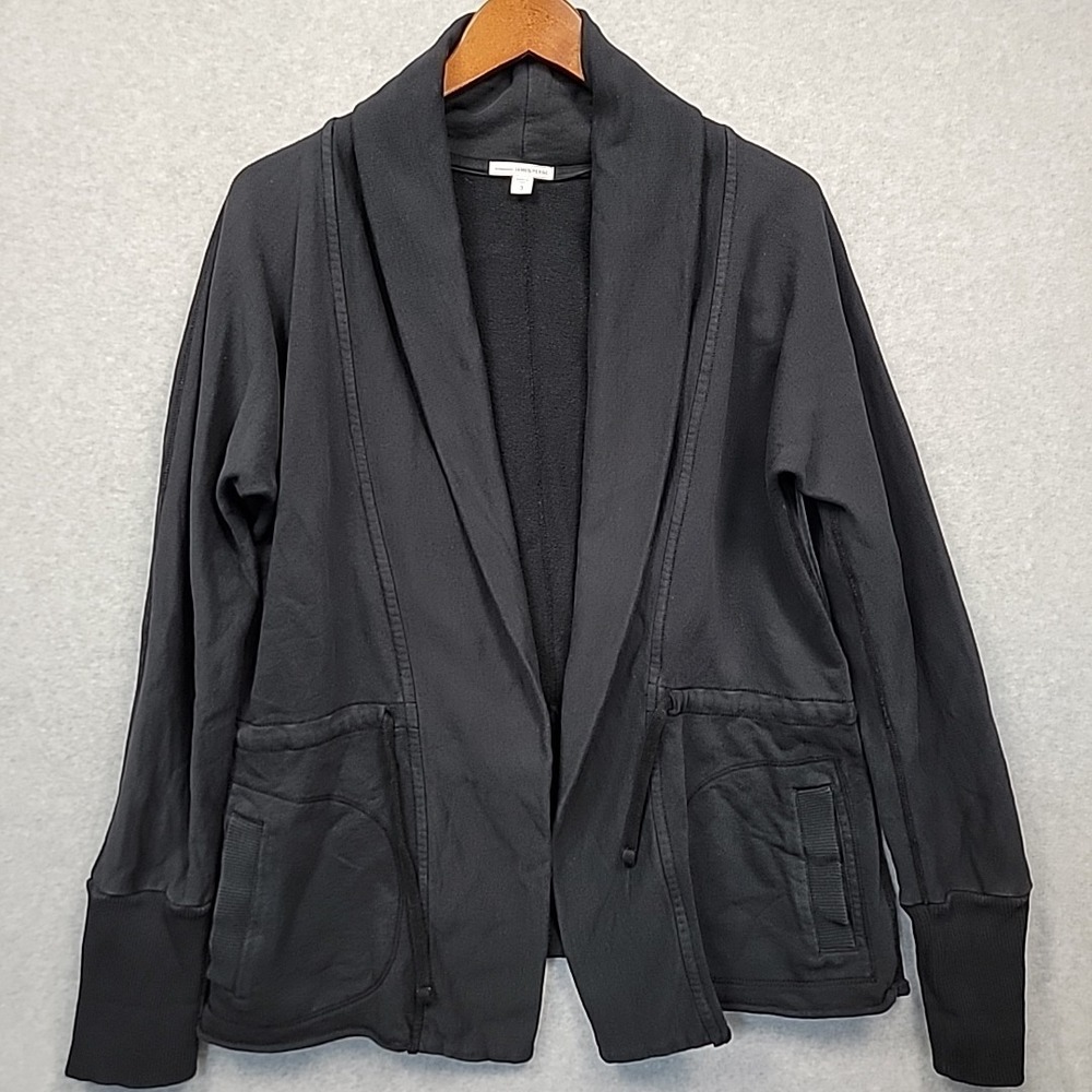 JAMES PERSE Shawl Cardigan Sz 3 Black French Terry Cotton Open Front Long Jacket
